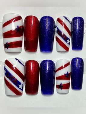 4th Fourth of July Red White Blue Cat Eye Square Handmade Press-On Nails S M L
